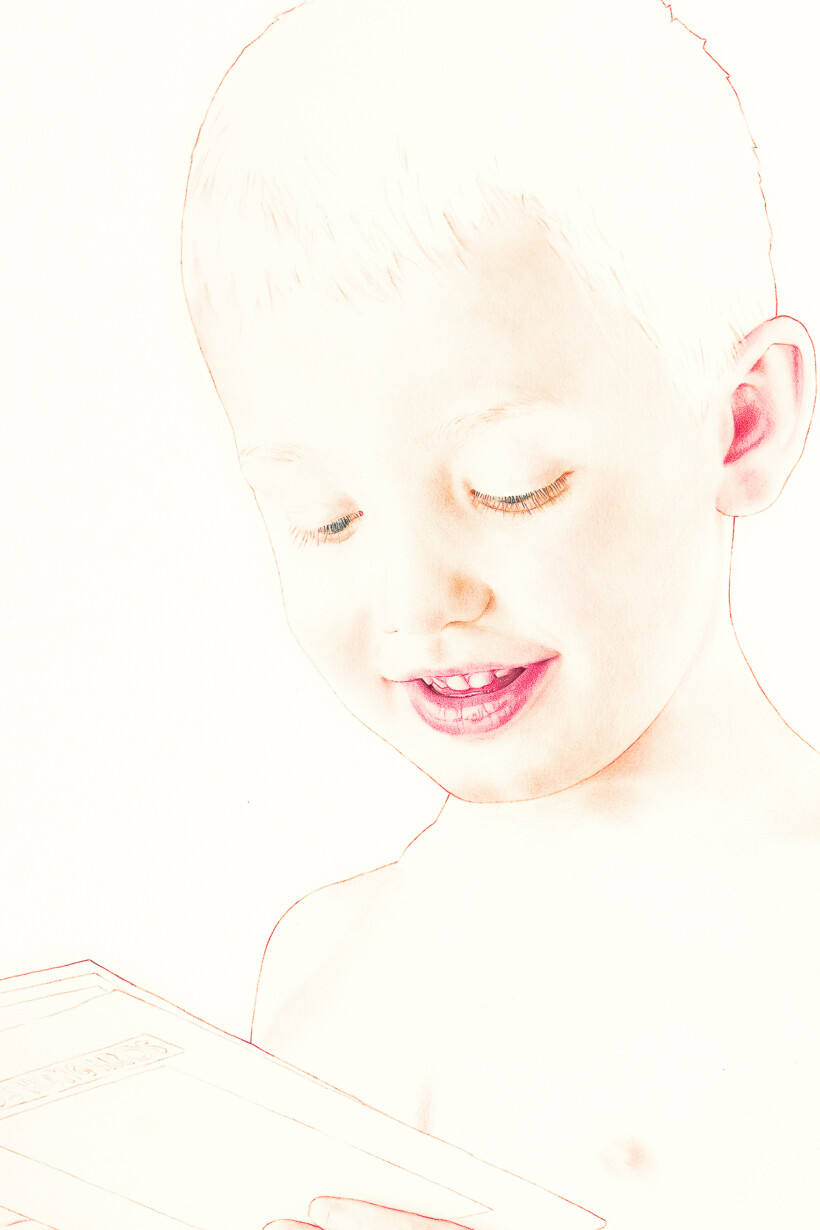 Dibujo a lápiz de color de un hombre con el brazo extendido.