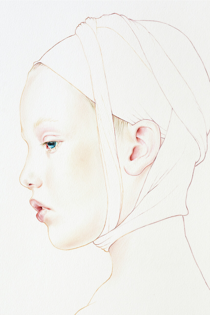 Retrato a lápiz de color de perfil de una niña.