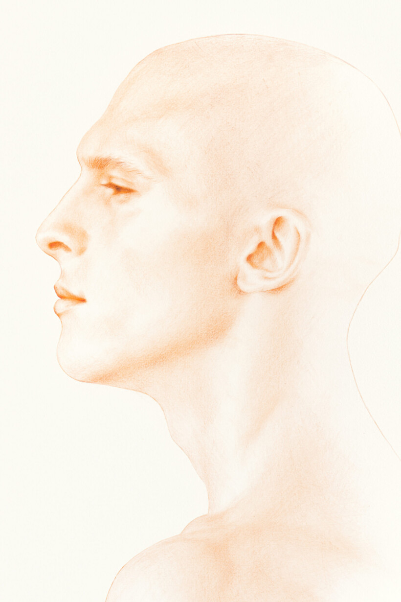 Retrato a lápiz de color del perfil de un hombre.