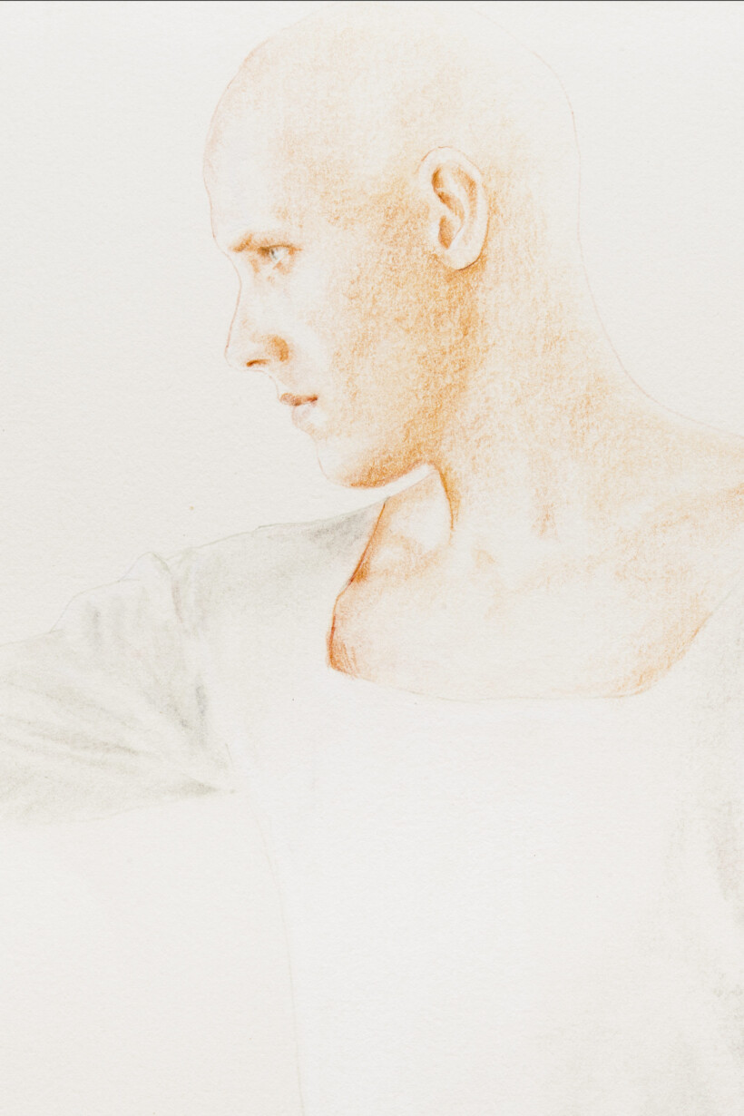 Retrato a lápiz de color de un hombre de perfil.