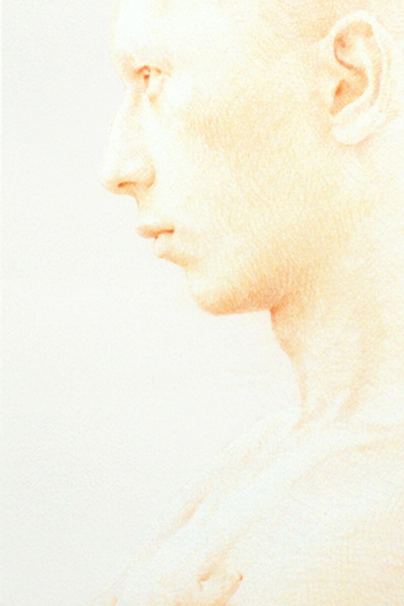 Retrato a lápiz de color de perfil de un hombre con tonos rojizos.