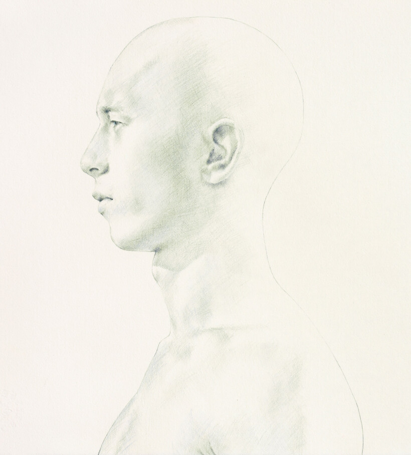 Retrato a lápiz de color del perfil de un hombre.