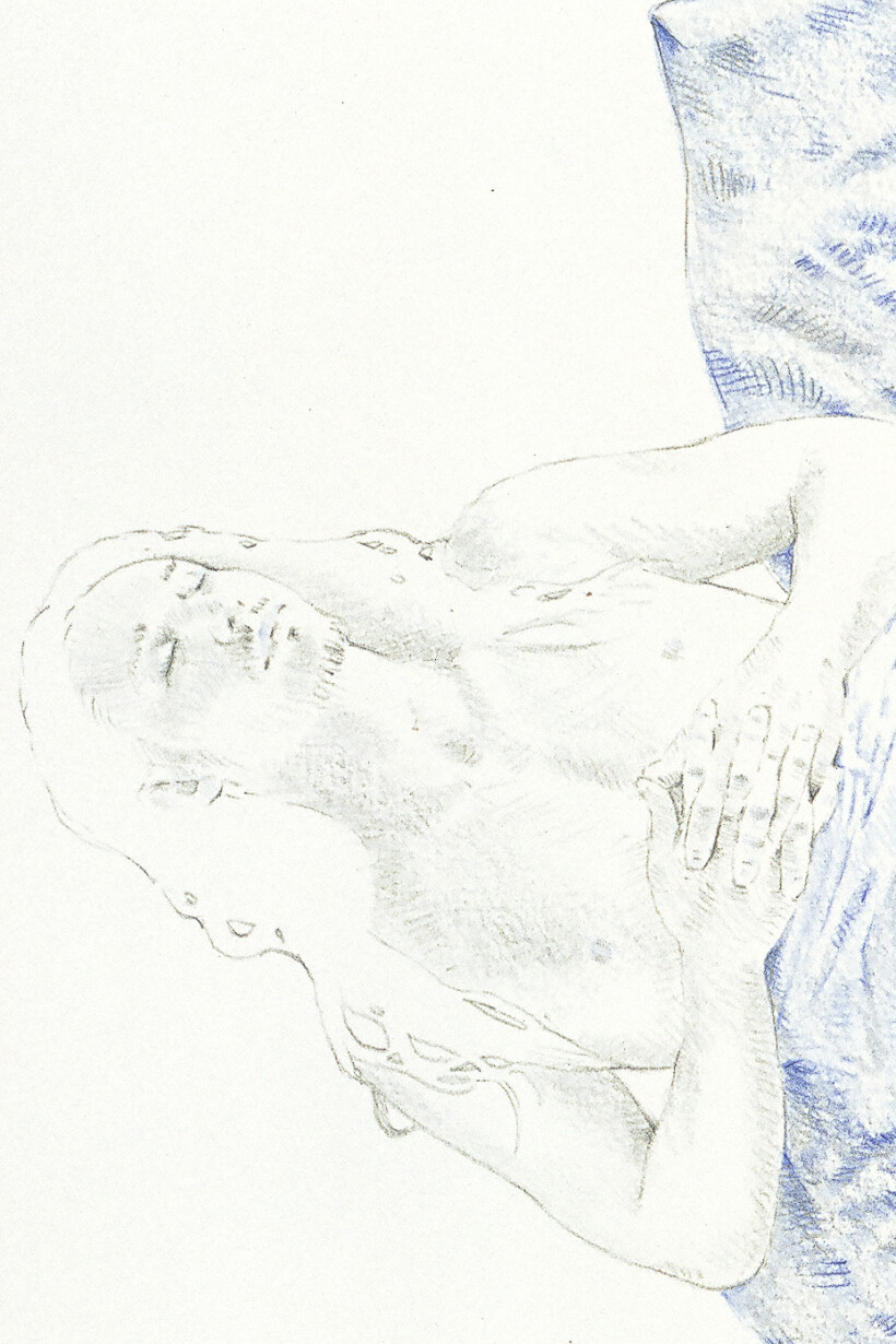 Retrato a lápiz de color de un hombre recostado.