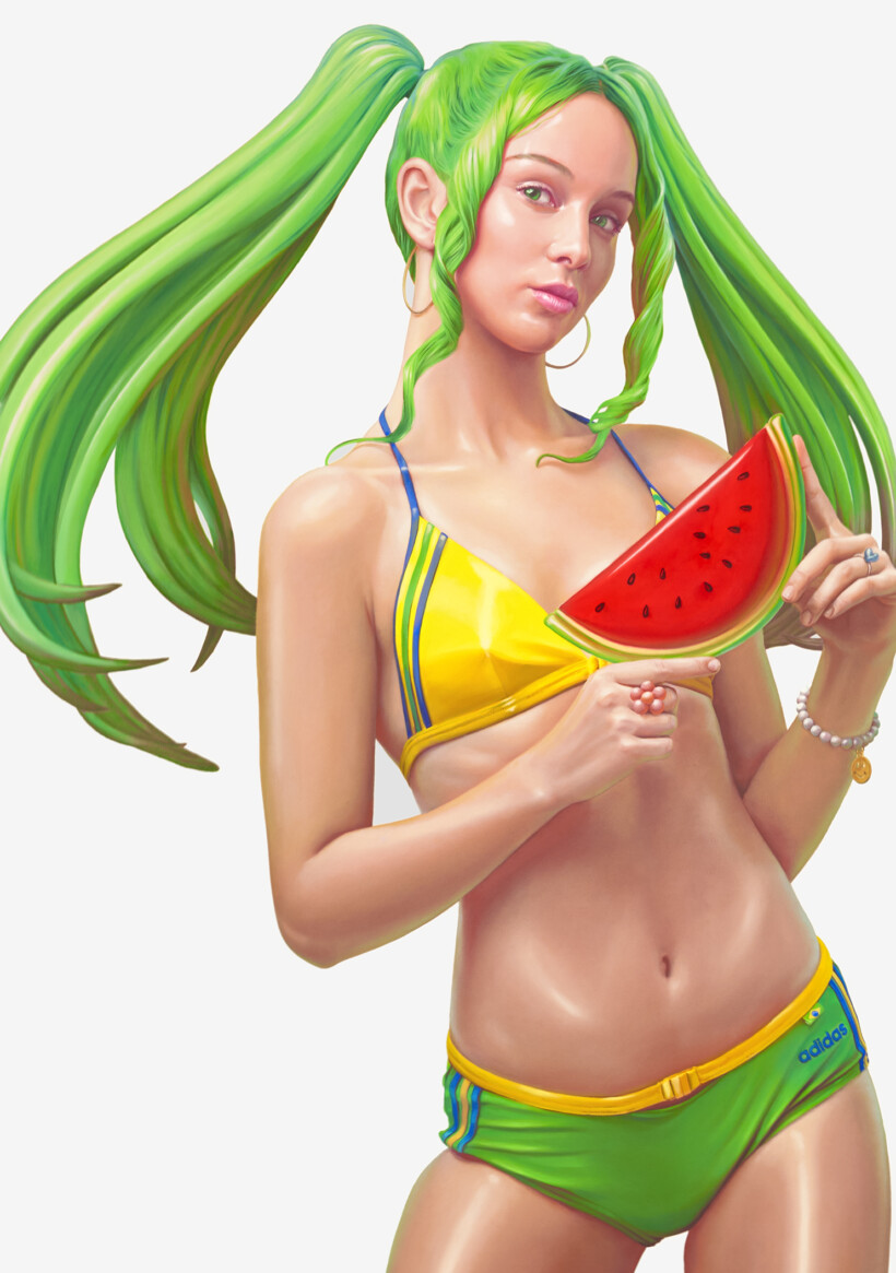 Retrato hiperrealista de una mujer con cabello verde en dos coletas, bikini amarillo y verde y sosteniendo una rodaja de sandía.