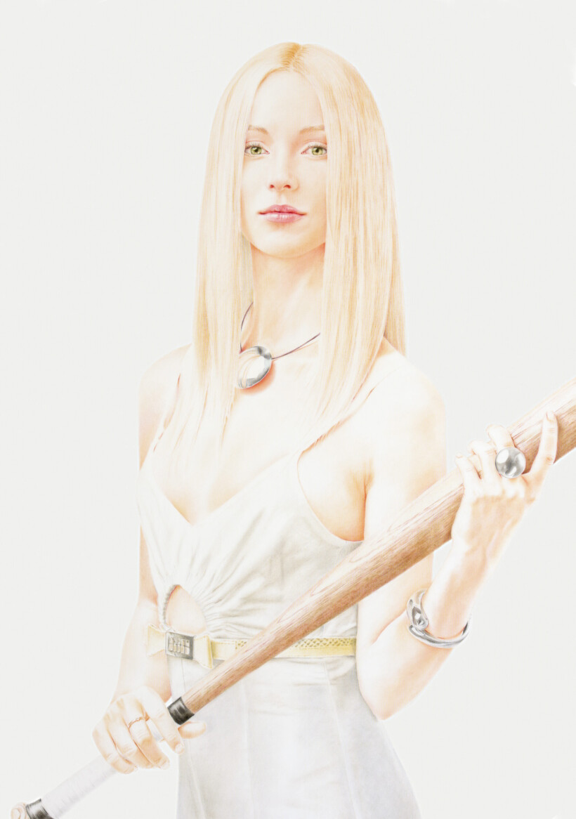 Retrato hiperrealista de una mujer rubia vestida con un vestido blanco, sosteniendo un bate de béisbol de madera.