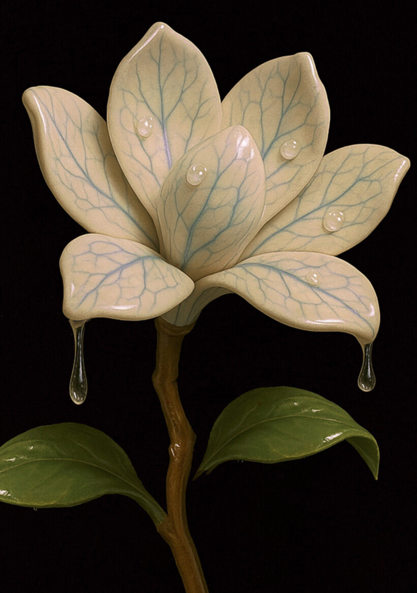 Una escultura de una flor de magnolia abierta, con pétalos de color marfil y venas azules. En la superficie de los pétalos hay pequeñas gotas de resina, y de dos de ellos cuelgan gotas más grandes.