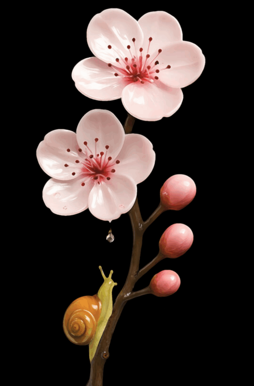 Pintura de flores de cerezo, una gota de agua y un caracol.