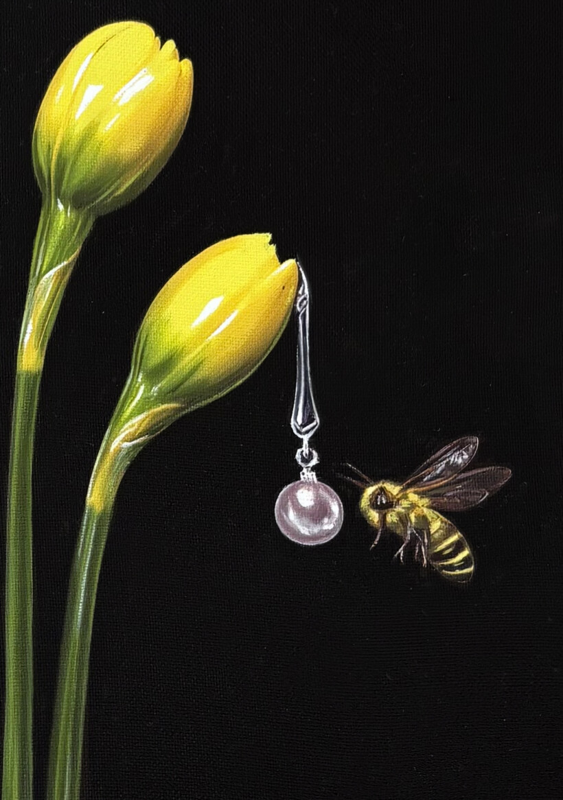 Una abeja dorada vuela junto a una flor de azafrán, cuya gracia se acentúa con un péndulo de perla que cuelga del tallo.