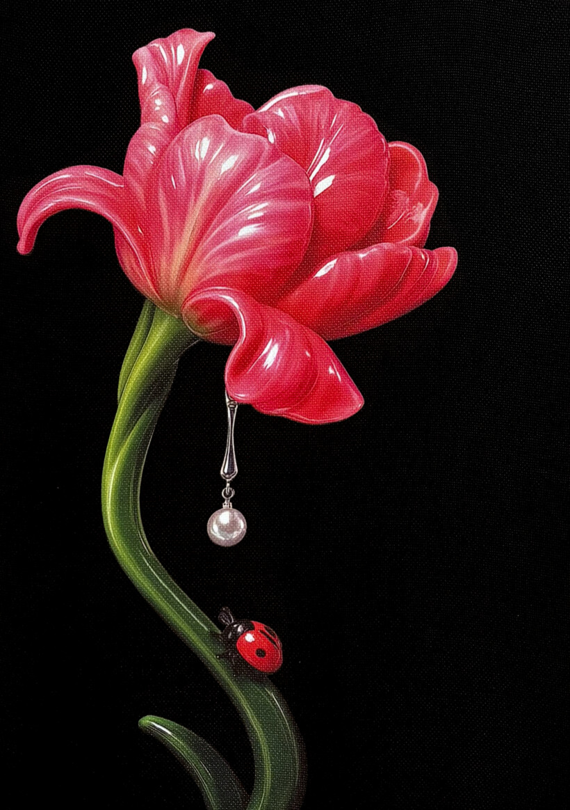 Cuadro hiperrealista de Salustiano, mariquita roja, flor de tulipán rosa y péndulo de perla.