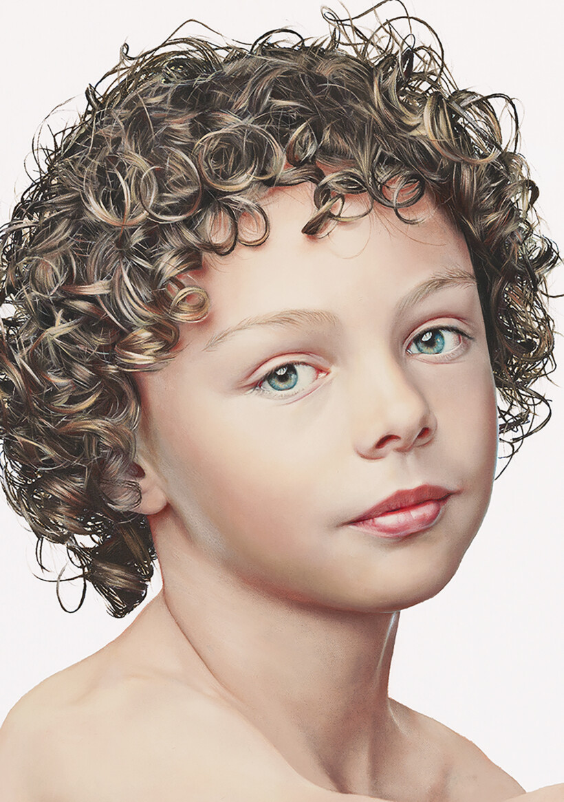 Pintura de un niño con cabello rizado y ojos azules.