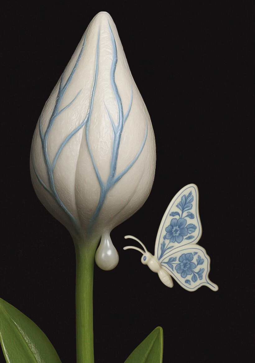 Una escultura minimalista de una flor blanca con venas azules, un capullo en forma de lágrima, con una mariposa azul a su lado. La mariposa también tiene patrones en el mismo color azul. De la flor, cae una gota con forma de perla.