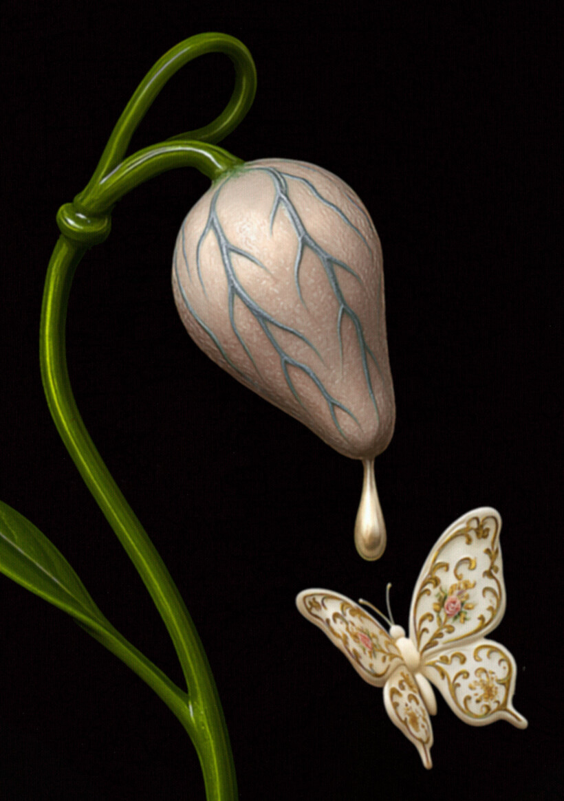 Cuadro hiperrealista de Salustiano, mariposa, gota de agua, tallo.