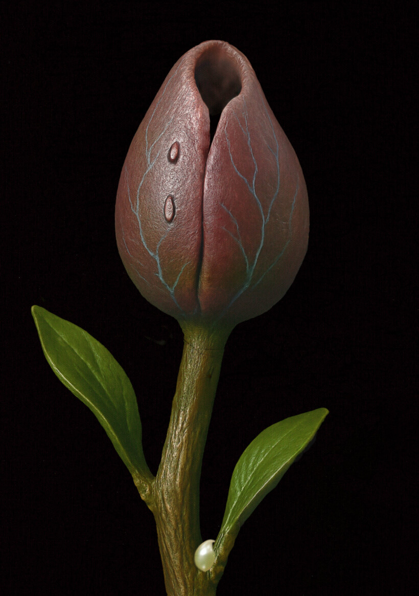 Cuadro hiperrealista de Salustiano, flor aún sin abrir, gota de agua, tallo.