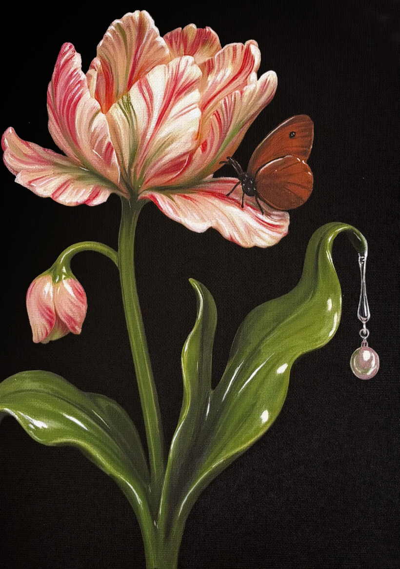 Cuadro hiperrealista de Salustiano, mariposa naranja y flor de tulán rosa y verde con péndulo.