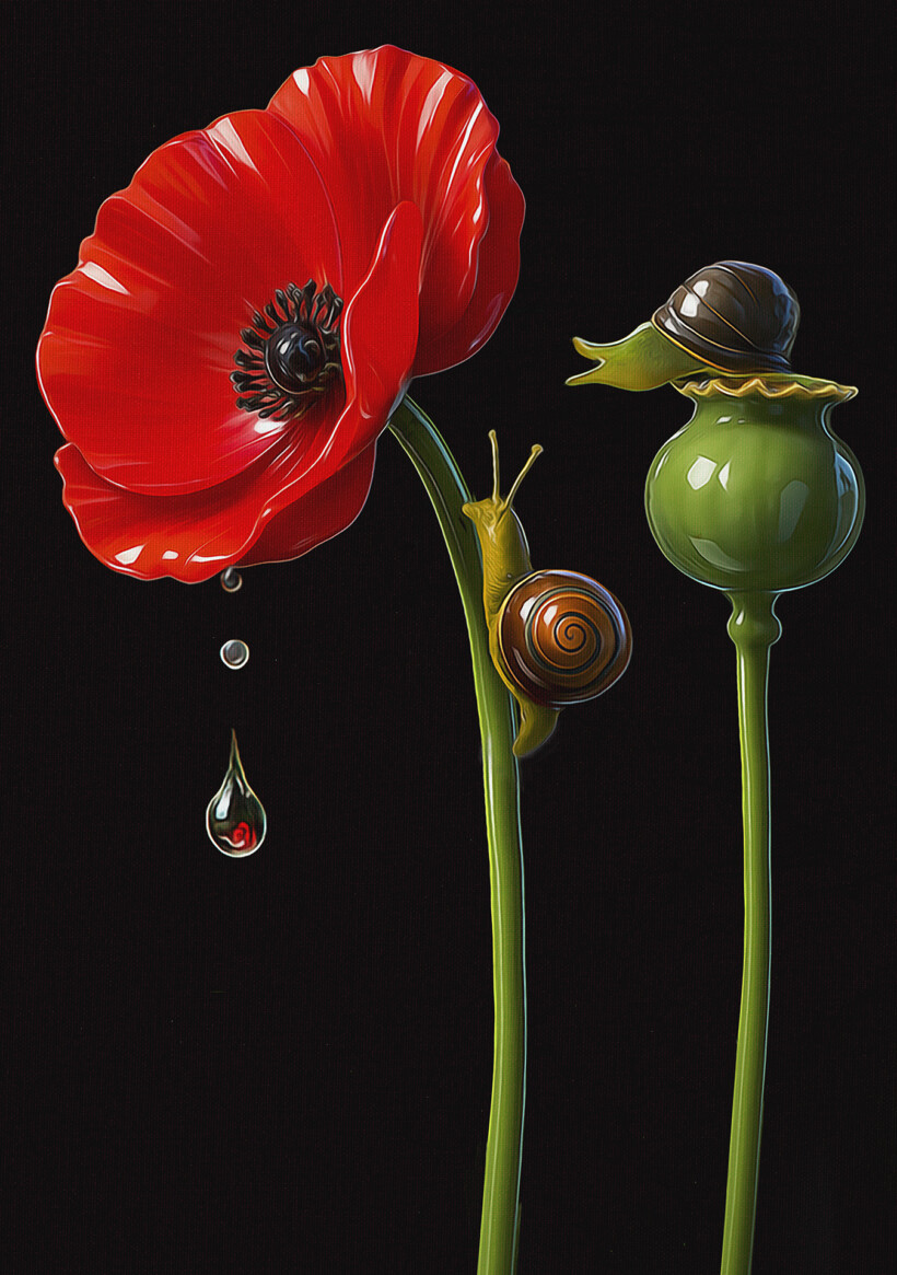 Pintura de una amapola roja y dos caracoles en un fondo oscuro.